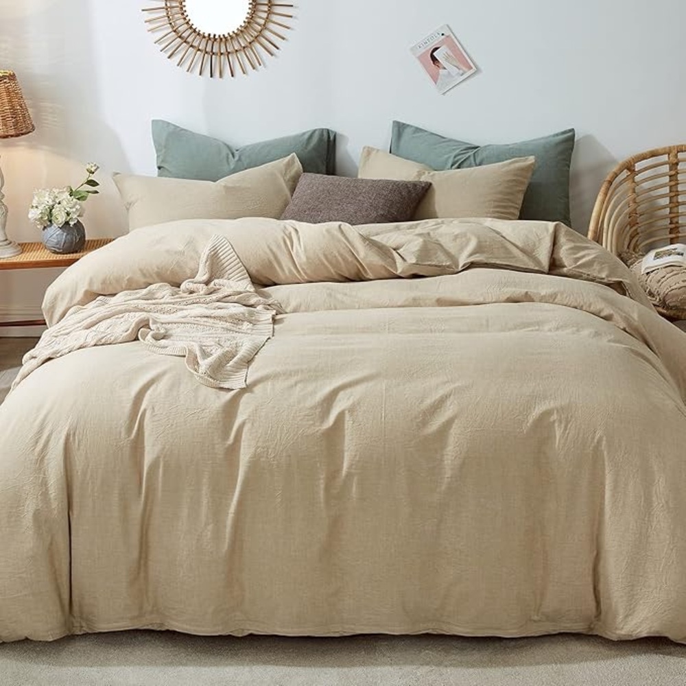 MooMee Bedding Duvet Cover Set 100% Washed Cotton Queen Size Khaki Color New